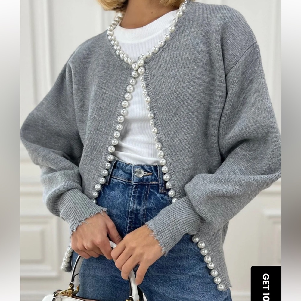 NWT- Commense Pearl Trim Ripped Hem Cardigan-Grey-XL